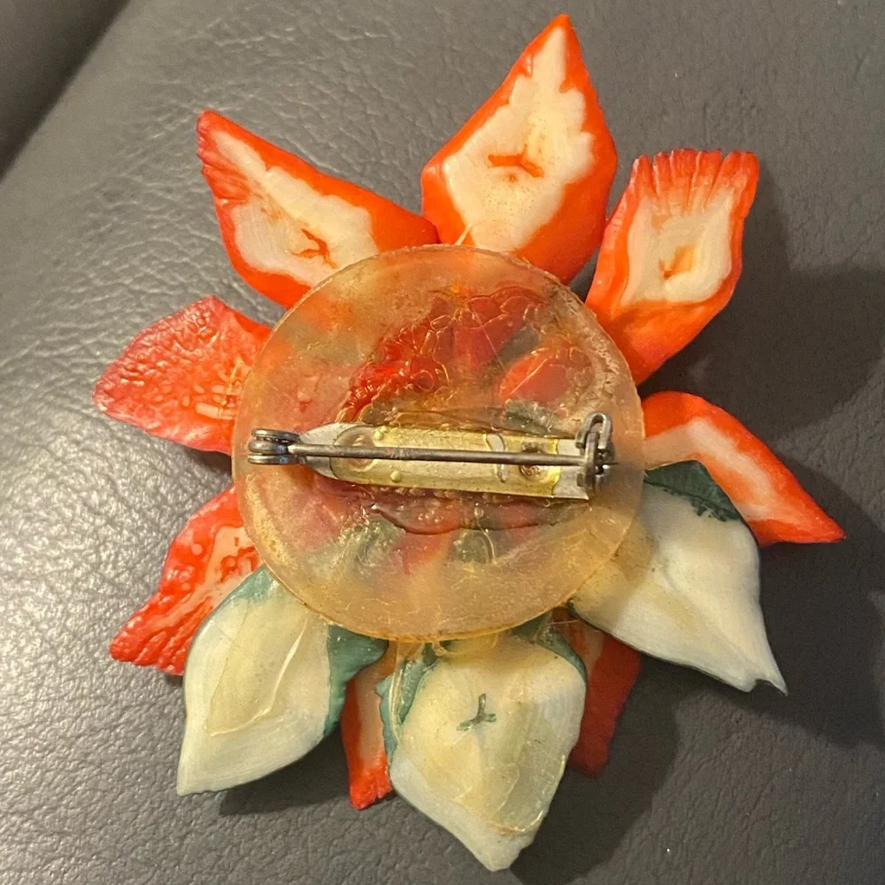Vintage Hand Made Christmas Poinsettia Flower Brooch Matching Screw Back Earring